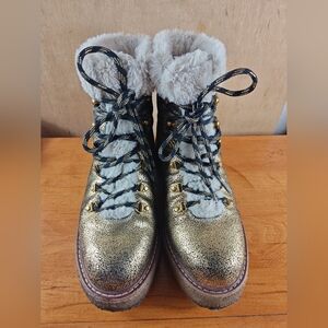 J.Crew Gold Metallic Faux Fur Lace-Up Winter Boots – Women’s Size 9.5